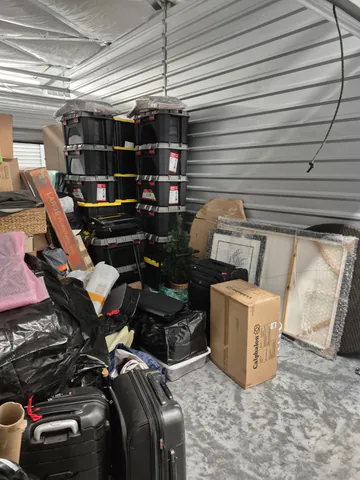 Storage unit organized with bins, luggage, wrapped artwork, and household items